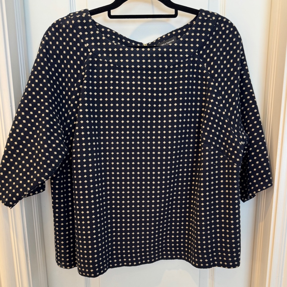 Vintage Lord & Taylor Black ant Tan Polka Dot, fully lined, 3/4 sleeve.  Size 1X